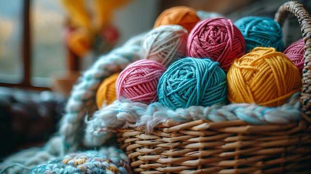 Colorful Yarn Balls in a Woven Basket: A Cozy and Creative Crafting Project, Ideal for Knitting and Crochet Projects.