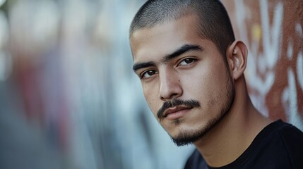 With a subtle mustache, a confident young Latino Brazilian man leans against a wall featuring an array of graffiti, encapsulating the spirit of urban style and the modern concept of self-expression