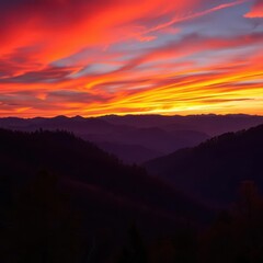 Obraz premium Fiery hues paint Smoky Mountains at sunset, silhouettes of trees against vibrant sky, light, silhouette