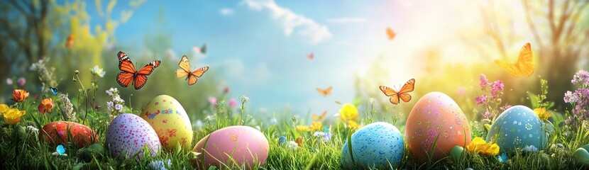 Fototapeta premium Colorful Easter Eggs Surrounded by Vibrant Flowers and Butterflies Under a Bright Sky During a Warm Spring Day