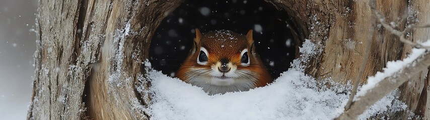 Squirrel Watching from Snowy Tree Hole in Winter Forest.