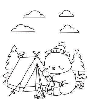 recommend clip art: Coloring book bear cub camping with a tent and campfire among stylized trees and clouds. Fun line art for coloring, featuring an outdoor adventure