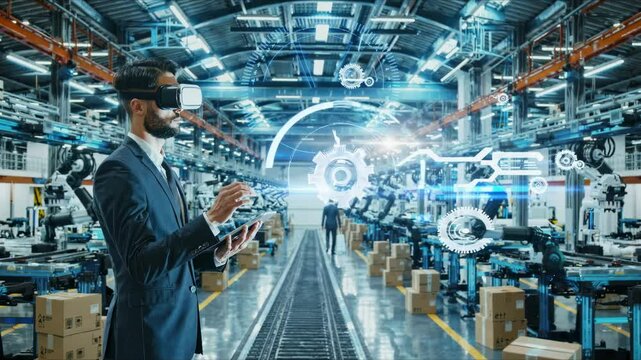 Male professional in business suit and virtual reality headset interacting with holographic interface in advanced robotic manufacturing facility with automated production line and robotic arms