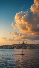Naklejka premium Scenic Sailboat on Calm Water with Dramatic Sky and City View