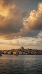 Fototapeta premium Scenic View of a Coastal City Under Dramatic Cloudy Sky at Sunset