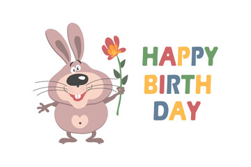 Happy Birthday Card. Cute Bunny with Flower. Greeting Card, Illustration
