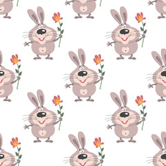 Seamless pattern, cute cartoon bunnies with a flower. Children's print, textile