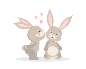 Cute enamored bunnies are kissing on a background with hearts. Greeting card, illustration