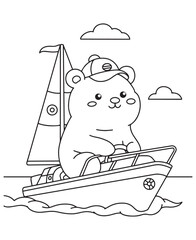 Coloring book bear cub sailing a boat on wavy waters under a cloudy sky. Fun line art for coloring, featuring a maritime adventure
