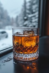 Whiskey by snowy window.