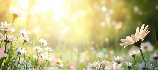 Obraz premium Beautiful spring background with blooming flowers, daisies, and pastel colors on a sunny day