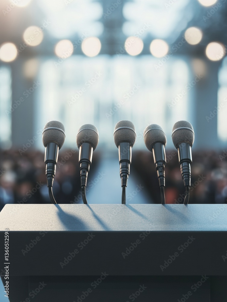 Leinwandbilder political podium ready for speech with multiple microphones and spotlight in a professional audience