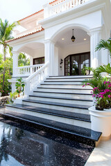 Grand white mansion's entrance, steps, reflecting pool