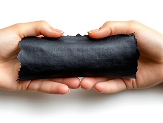 Obraz premium Hands holding black scroll with mockup.