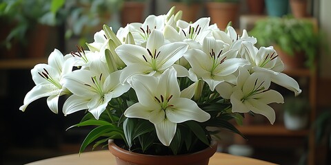 White Lilies in Pot with Home Decor.