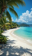 Serene Tropical Beach with Palm Trees and Clear Blue Water Paradise