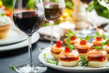 Verrines Saumon Fumé Elegant dining setting with wine and gourmet appetizers.