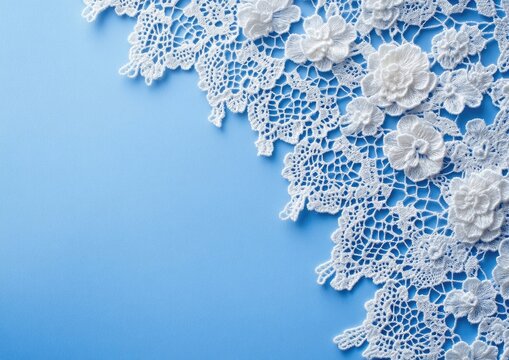 Czech lace on blue paper, white border, white background
