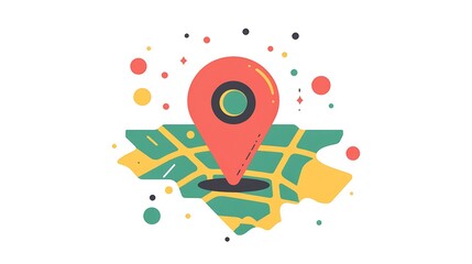 Obraz premium Colorful Map with Location Pin Illustration, Colorful illustration of a map with a red location pin, surrounded by abstract dots