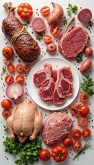 Fresh Ingredients for a Rustic Dinner Table with Meat and Vegetables