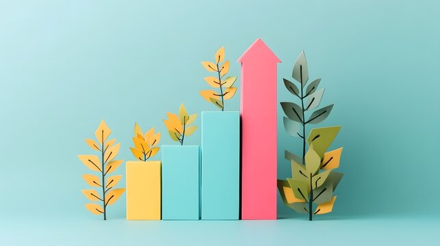 Colorful growth metrics display with vibrant leaves on a soft blue background showcasing progress and nature's beauty in harmony