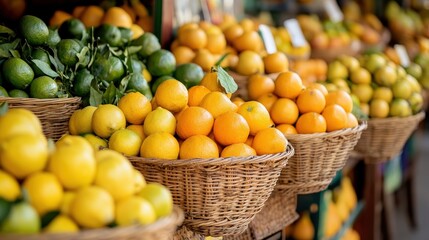 Various fresh citrus fruits are arranged in woven baskets for display