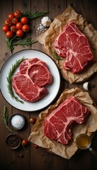 Fresh Raw Beef Steaks on Rustic Wooden Table with Ingredients