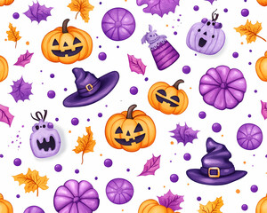 Fototapeta premium Halloween Pumpkin Pattern Purple, Orange, Autumn Leaves