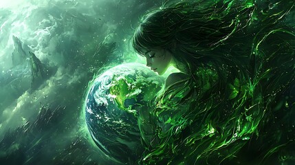 Green Earth Goddess.  A mystical figure cradles the Earth, surrounded by vibrant green energy
