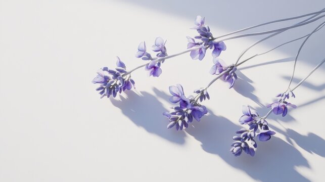 Ramas de flores moradas sobre fondo blanco