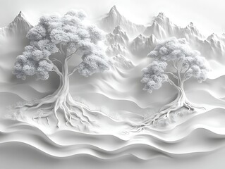 White Trees with Mountain Landscape.