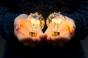 Hands holding glowing light bulbs, dark background (1)