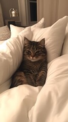 Sleepy Tabby Nestled in White Bedding.
