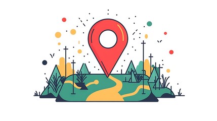 Fototapeta premium Colorful Map with Location Pin Illustration, Colorful illustration of a map with a red location pin, surrounded by abstract dots