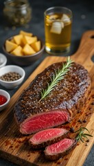 Juicy sliced beef roast on wooden board with sides and drink