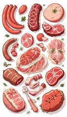 Variety of Meat Cuts and Sausages on a White Background Illustration