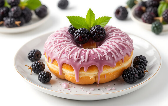 Blackberry donut on plate on white