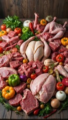 Fresh Meat and Vegetables Displayed on Wooden Surface for Cooking