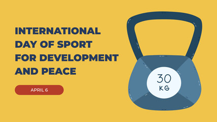 Horizontal minimalistic banner for International Day of Sport for Development and Peace with kettlebell with heavy weight. Simple holiday poster for website background, social media design.