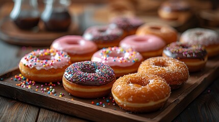 Delicious Assorted Donuts with Glaze and Sprinkles on a Wooden Tray, Perfect for a Sweet Treat Presentation.