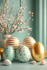 Fototapeta premium Colorful Easter Eggs with Gold Accents and Decorative Branches Against a Soft Blue Backdrop for Spring Celebrations and Festive Decor Ideas