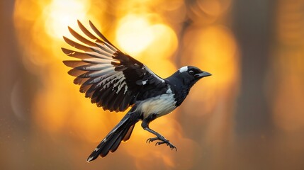 Side angle shot of Australian Magpie mid flight against golden sunset sky powerful wing fully extended displaying bold black white plumage precision soar gracefully over open field warm hue of setting