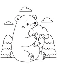 Coloring book bear cub enjoying a beer among stylized trees and clouds. Fun line art for coloring, featuring a casual outdoor scene