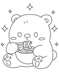 Coloring book bear cub enjoys a bowl of noodles with chopsticks and sparkles. Fun line art for coloring, featuring a food scene