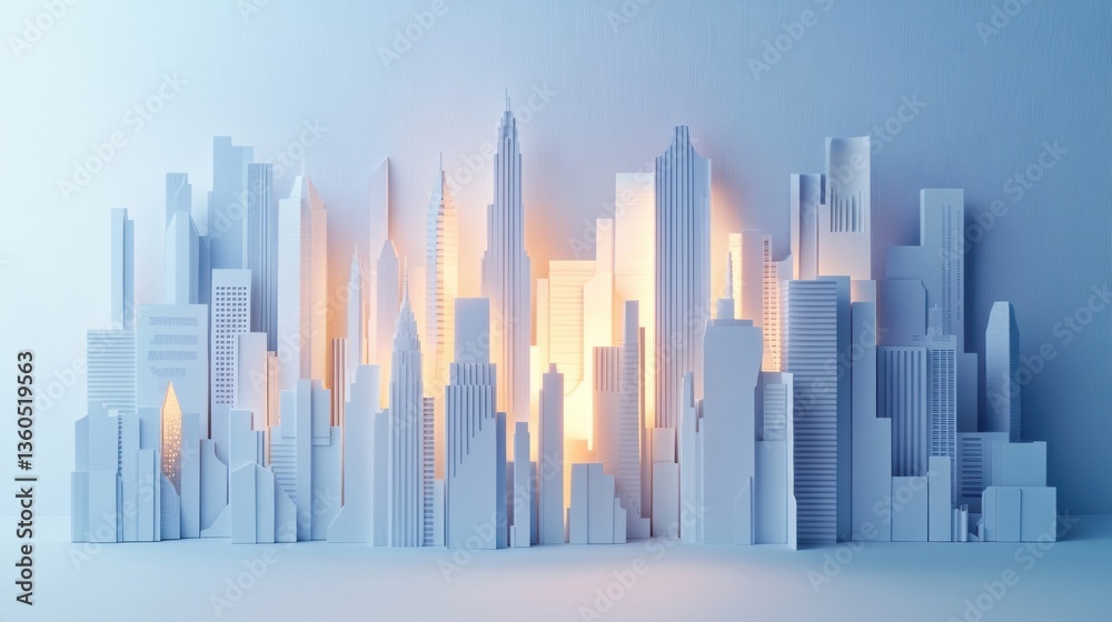 Aufkleber creative layered cut paper city skyline with soft lighting showcasing modern urban buildings and dyn