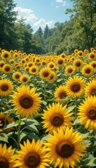 Obraz premium Bright Sunflower Field Under Blue Sky with Lush Green Trees