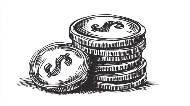 Pile of coins or dollar bills, hand-drawn vector illustration in an engraving style on a white background