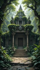 Mystical Overgrown Temple Surrounded by Lush Green Jungle Flora