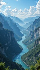 Obraz premium Serene River Winding Through Majestic Mountain Landscape in Daylight