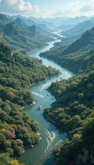 Serene River Flowing Through Lush Green Mountains and Hills